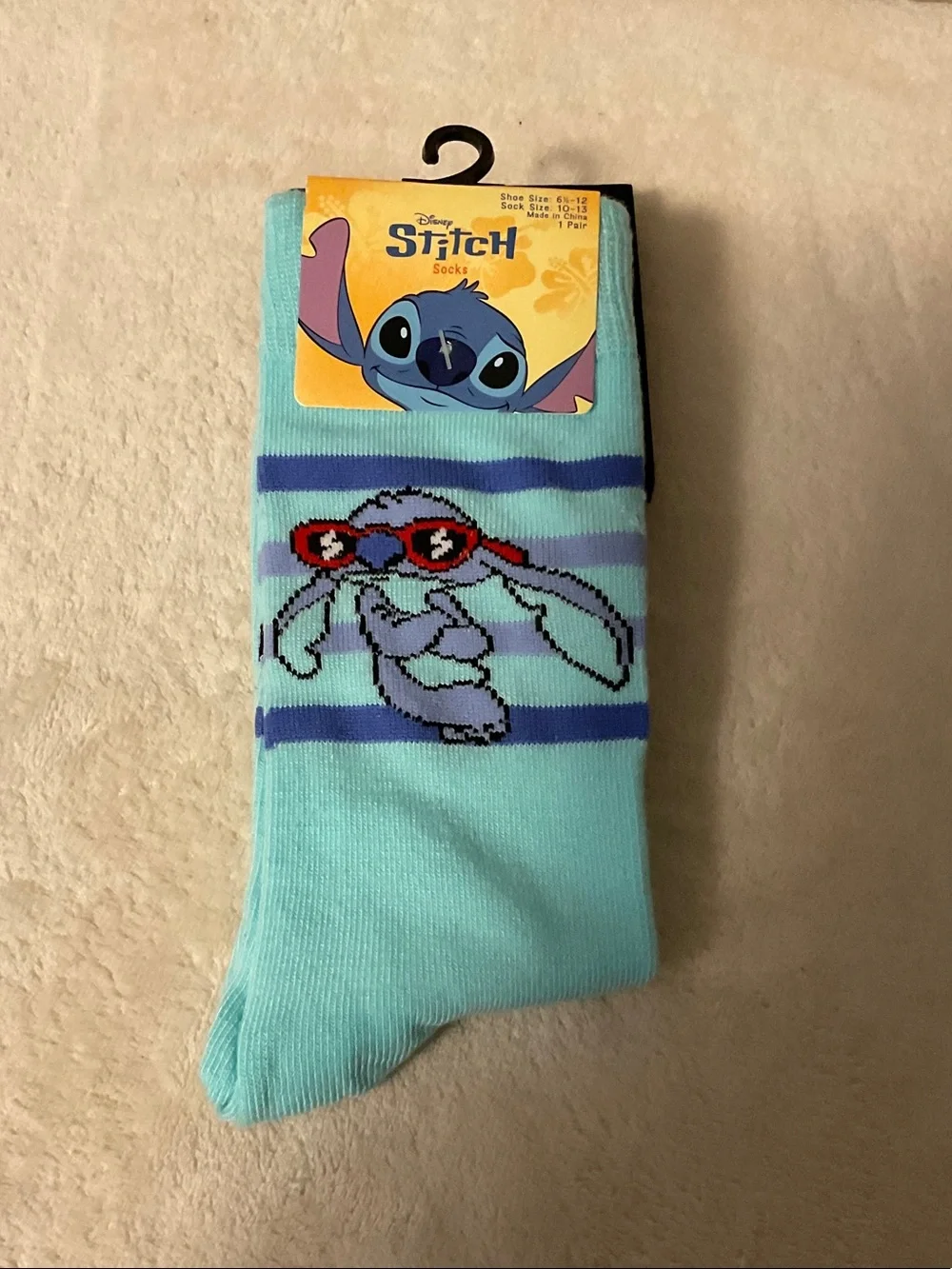 Disney Light Blue Stitch Crew Socks with Red Sunglasses Accent